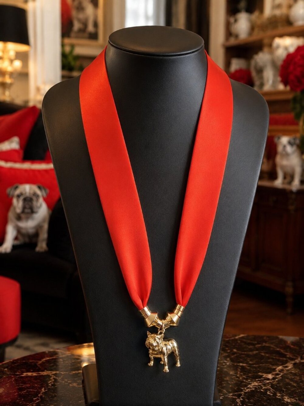Red Satin Scarf Necklace with Gold Bulldog Charm | Georgia Game Day Jewelry